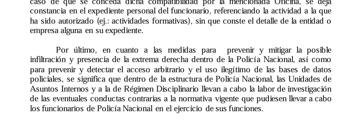 Part de la resposta parlamentària on Interior admet que investiga la presència de l'extrema dreta a la policia espanyola/QS