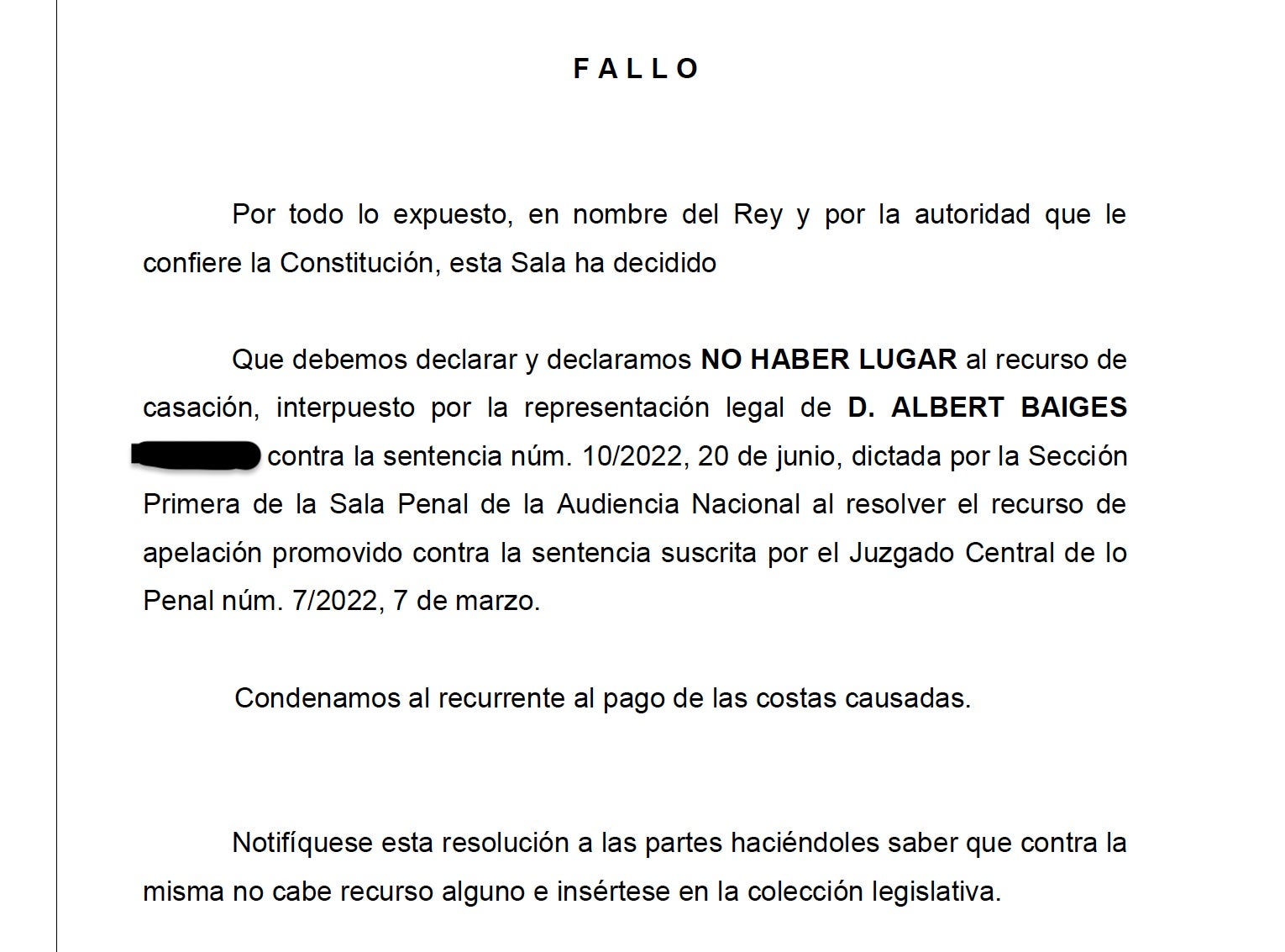 Part dispositiva de la sentència que condemna a Albert Baiges/QS