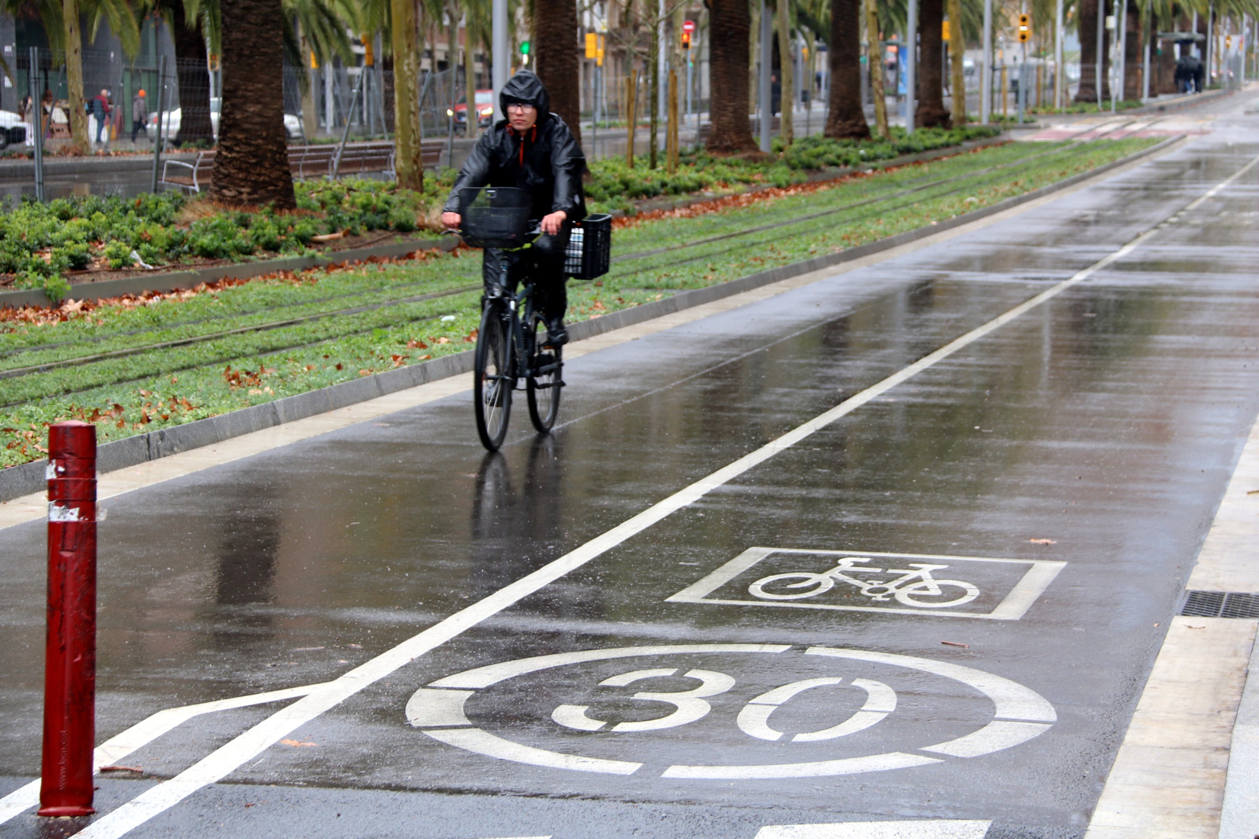 Una bicicleta circula sota la pluja a Barcelona / ACN