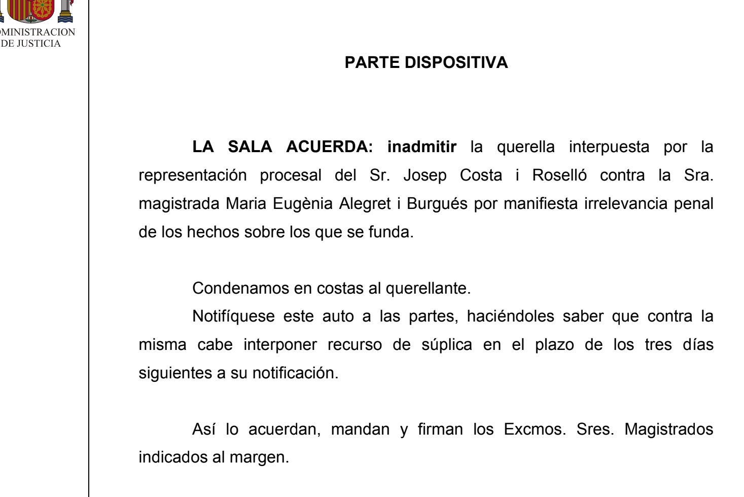 Parte dispositiva de la resolución que desestima el recurso de Costa
