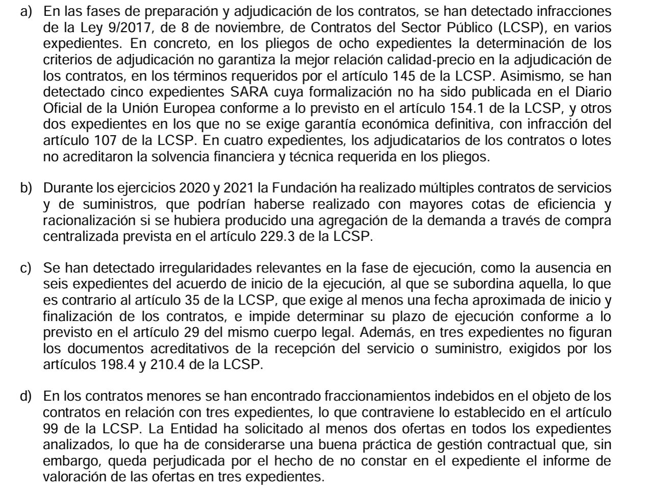 Part de l'informe del Tribunal de Comptes sobre les irregularitats de la Fundació