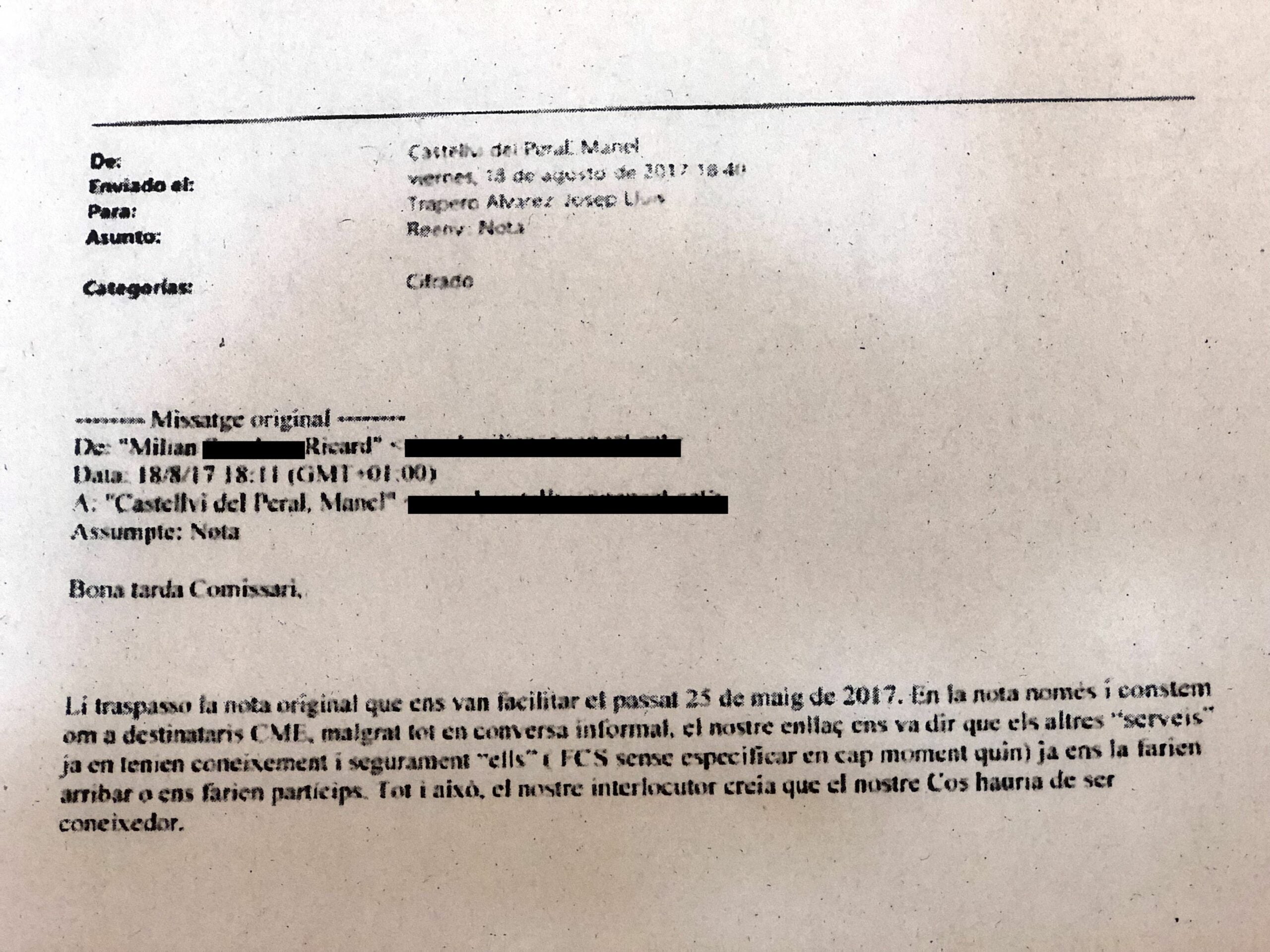 El mail reenviat per Castellví sobre la Nota/Quico Sallés