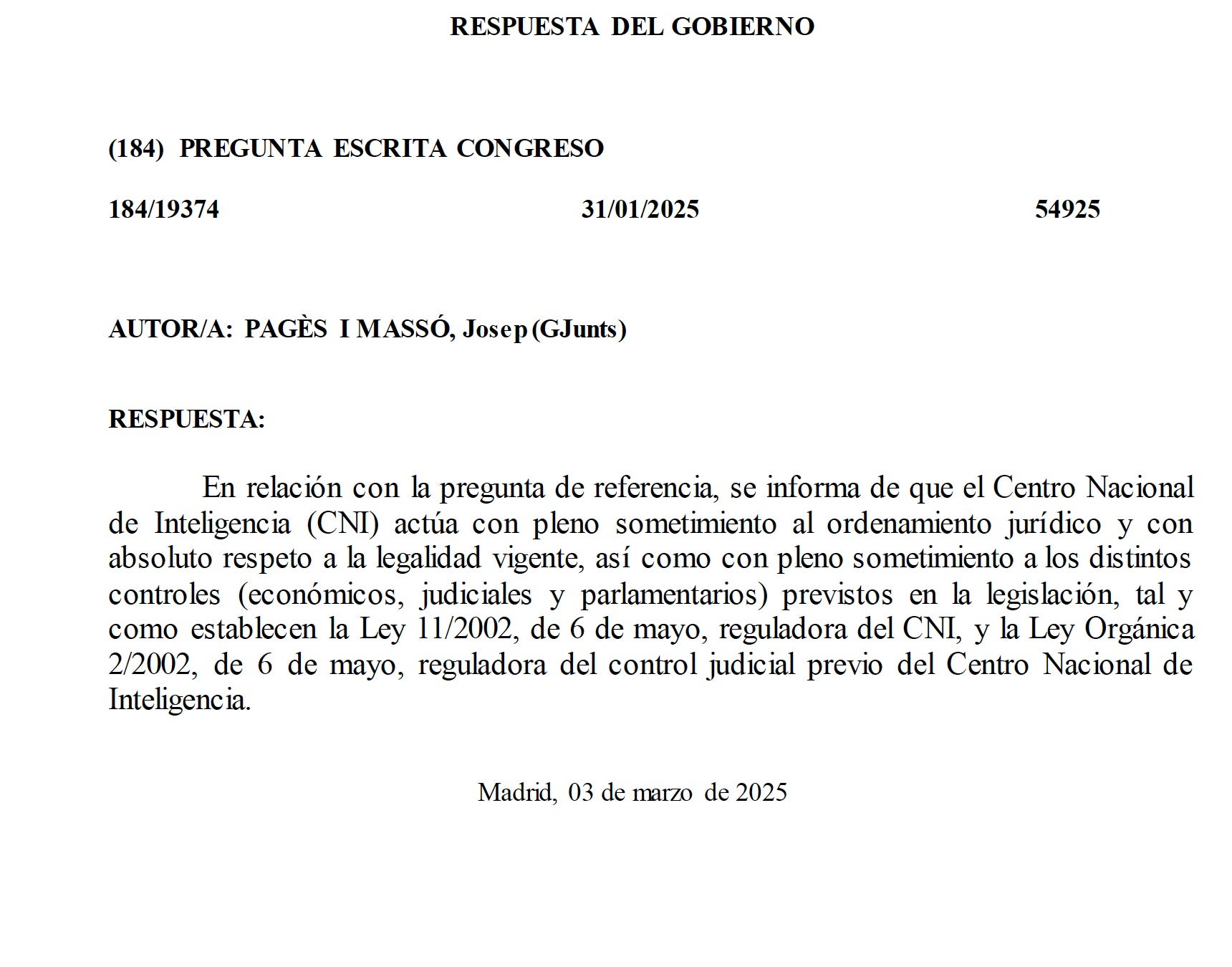 La resposta del govern espanyol sobre l'espionatge amb Pegasus a Josep Lluís Alay/QS