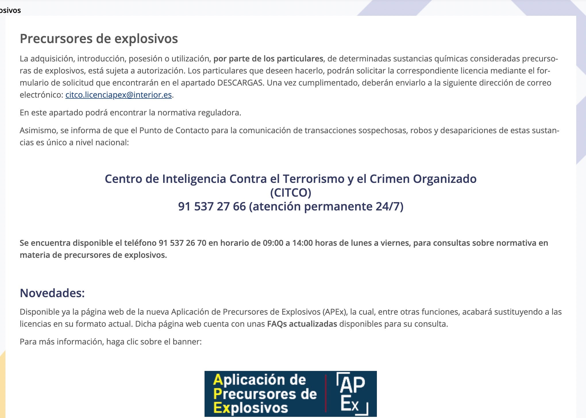 Part de l'aplicació del ministeri de l'Interior on es constata la responsabilitat del CITCO amb els precursors d'explosius/QS