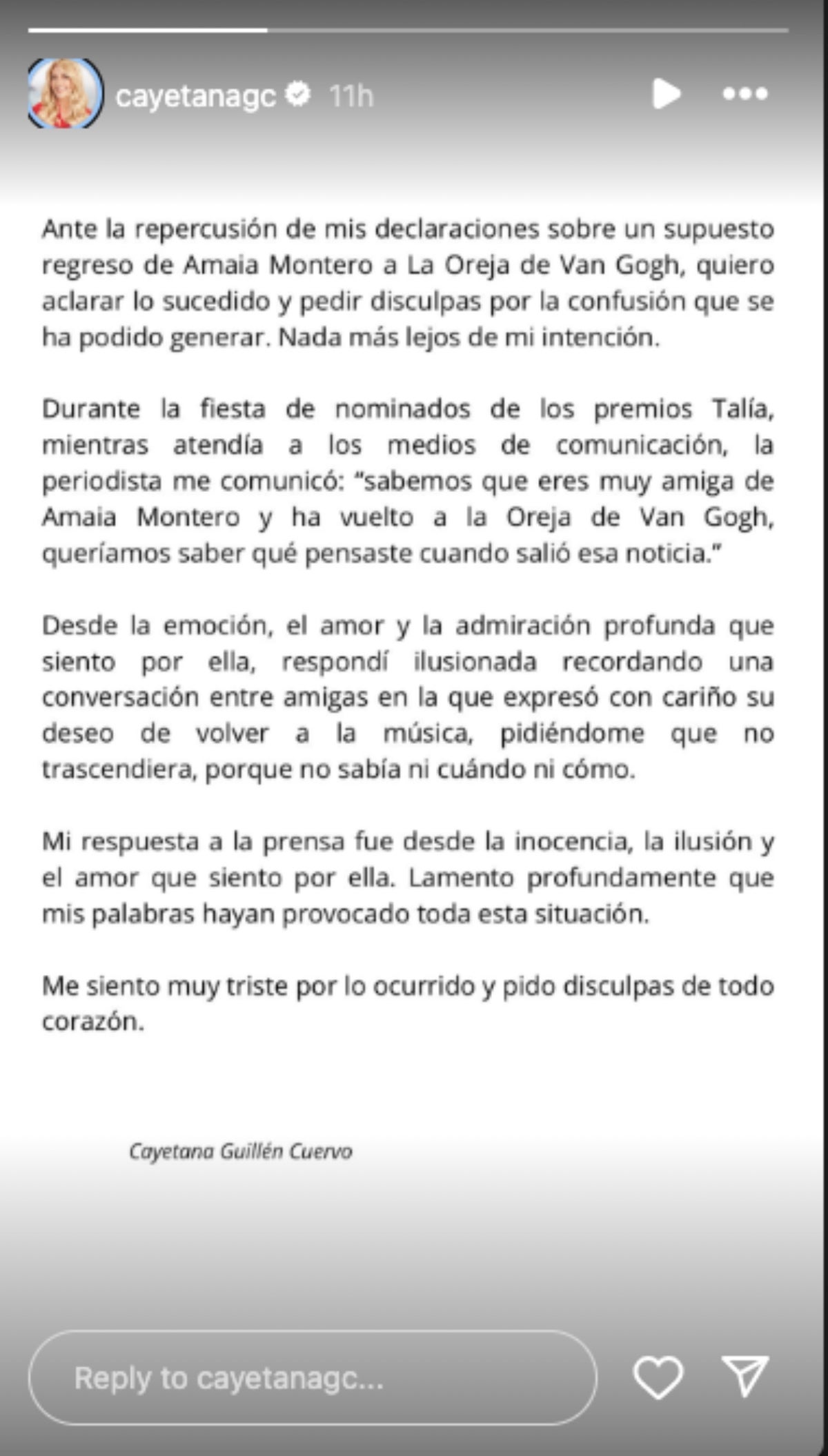 El comunicat de Cayetana Guillén Cuervo sobre les seves polèmiques declaracions del retorn d'Amaia Montero a La Oreja de Van Gogh | Instagram