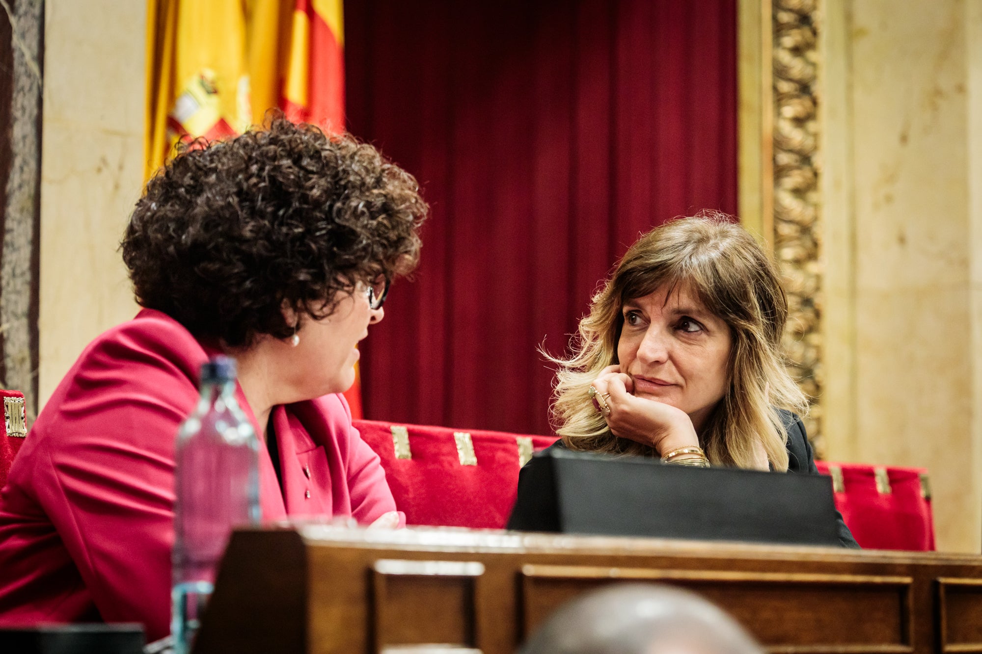 Glòria Freixa a la dreta de la imatge enraona amb la secretària de la Mesa del Parlament amb Rosa Maria Ibarra/Parlament