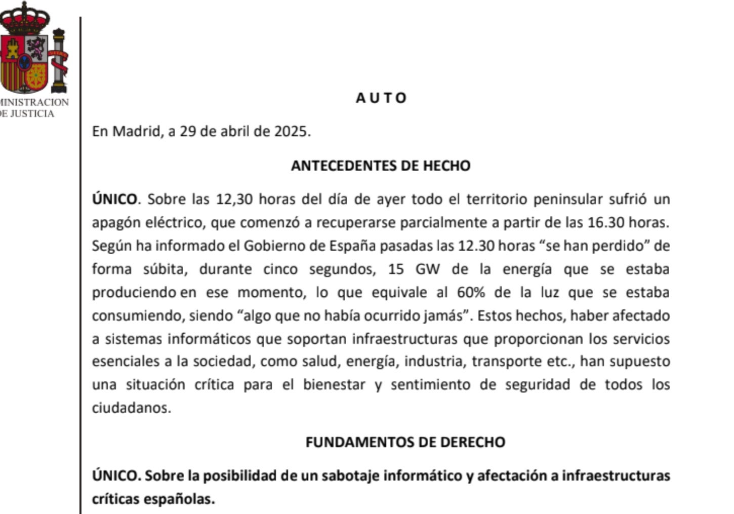 Capçalera de la interlocutòria del Jutge Calama sobre la investigació de l'apagada