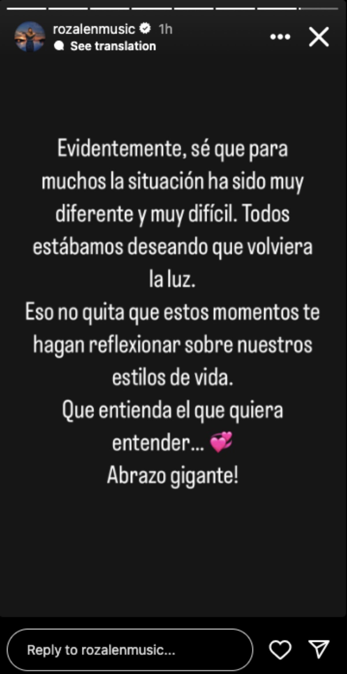 La reflexió de Rozalén sobre l'apagada general | Instagram