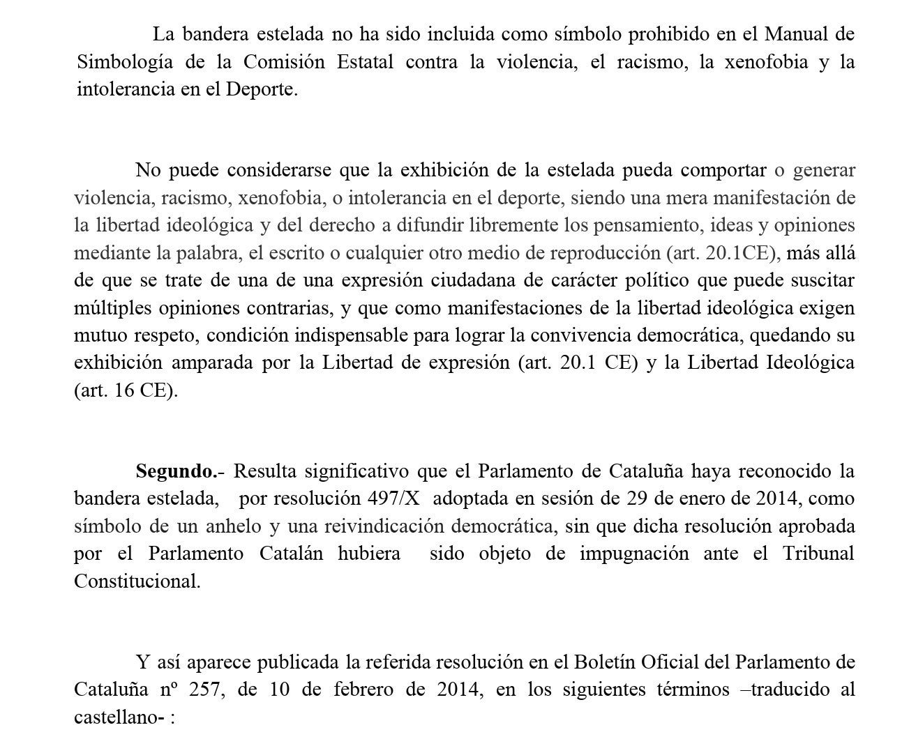 Part de la resolució del 2017 que protegia l'estelada als camps de futbol/QS