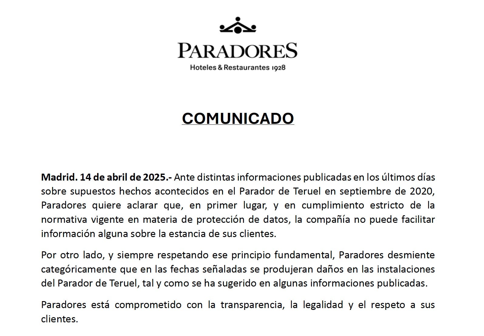 Comunicat de Paradores sobre la falsa festa d'Ábalos