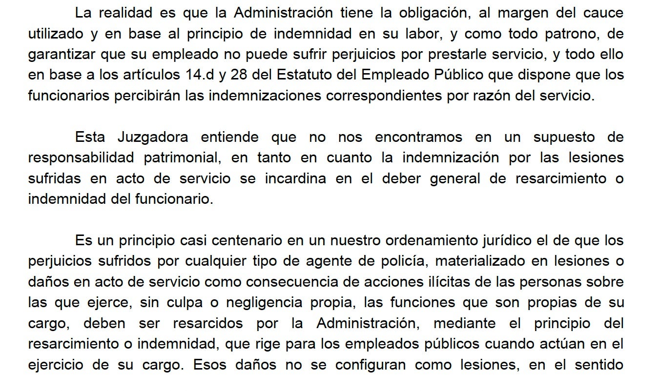 Part de la sentència que reconeix la indemnització a un mosso lesionat tot i no saber qui és l'agressor. El Mosso ha estat defensat per l'SPC/QS