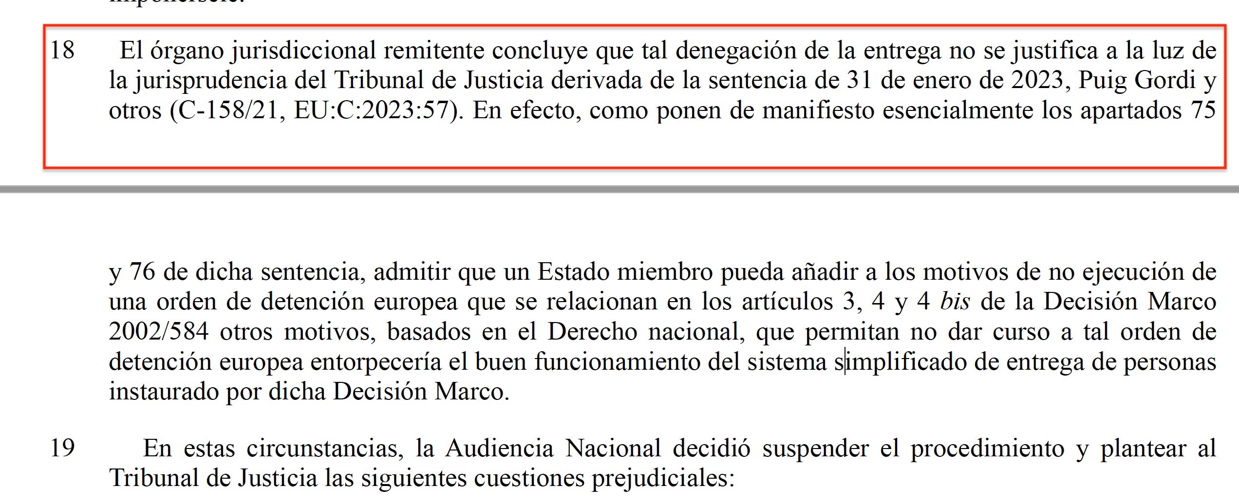 Part de la sentència sobre les euroordres que dona la raó a Espanya al·legant el cas Puig/QS