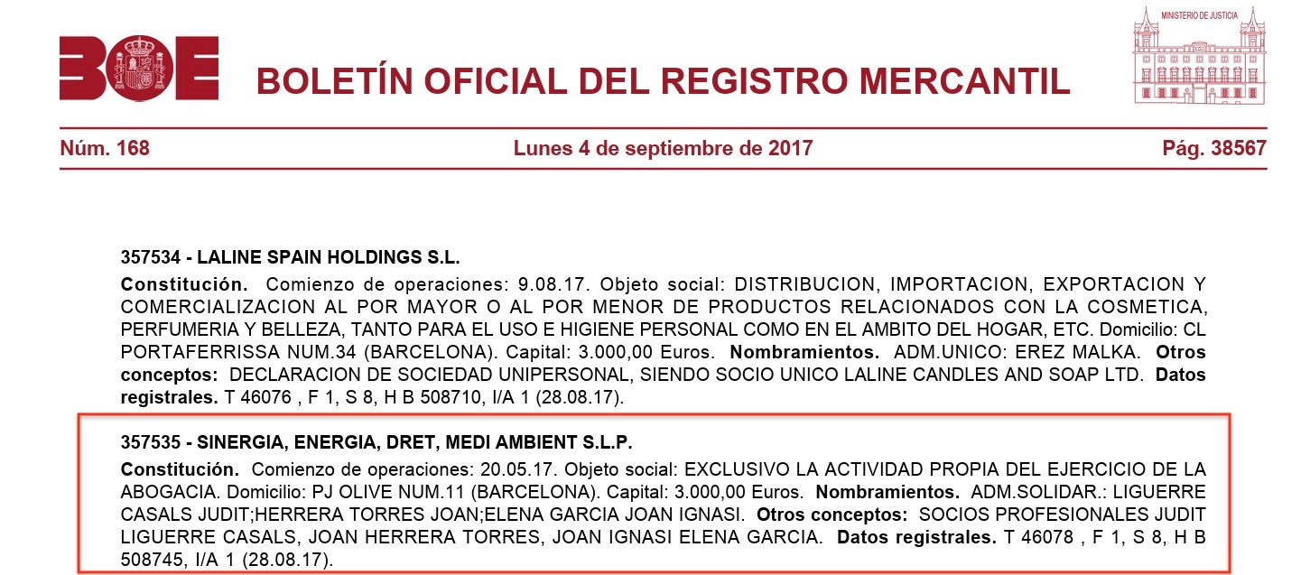 El Butlletí Oficial del Registre Mercantil sobre Sinergia on hi surten els administradors solidaris/QS