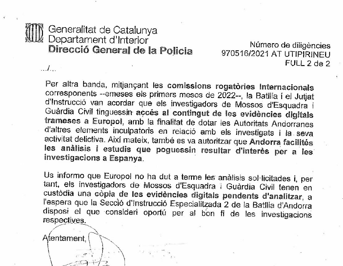 Parte del último oficio policial de los Mossos asegurando que Europol no ha hecho el trabajo/QS