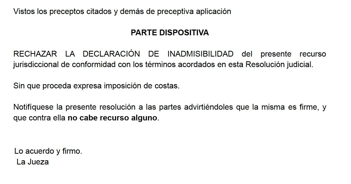 Parte de la resolución que rechaza la petición de inadmisibilidad/QS