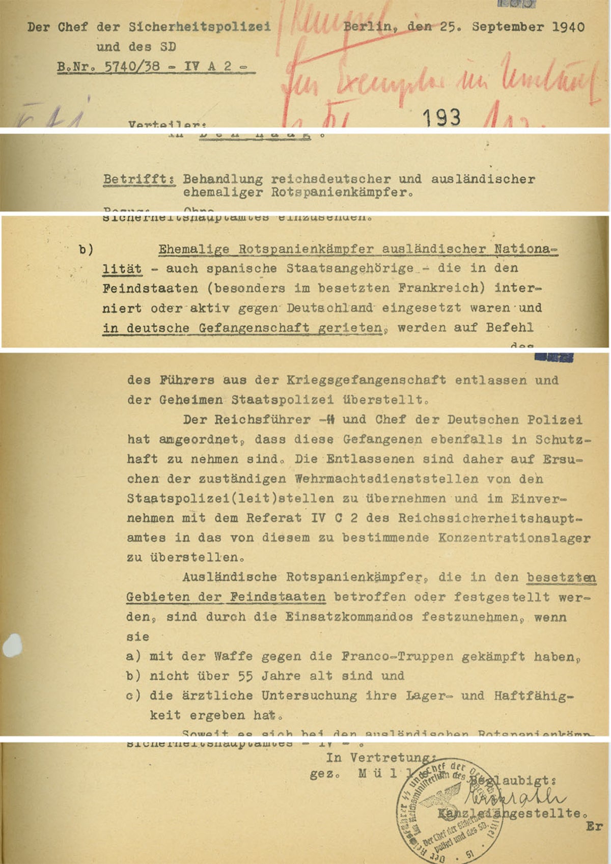 Memoràndum del Cap de la Policia de Seguretat i de l'SD, de data 25 de setembre de 1940, relatiu al tracte d'excombatents estrangers i alemanys a Espanya. L'ordenança que acompanyava aquest memoràndum va proporcionar la base per a la deportació massiva d'exmembres de l'Exèrcit Republicà als camps de concentració. (Bundesarchiv, Koblenz, R 58/26)