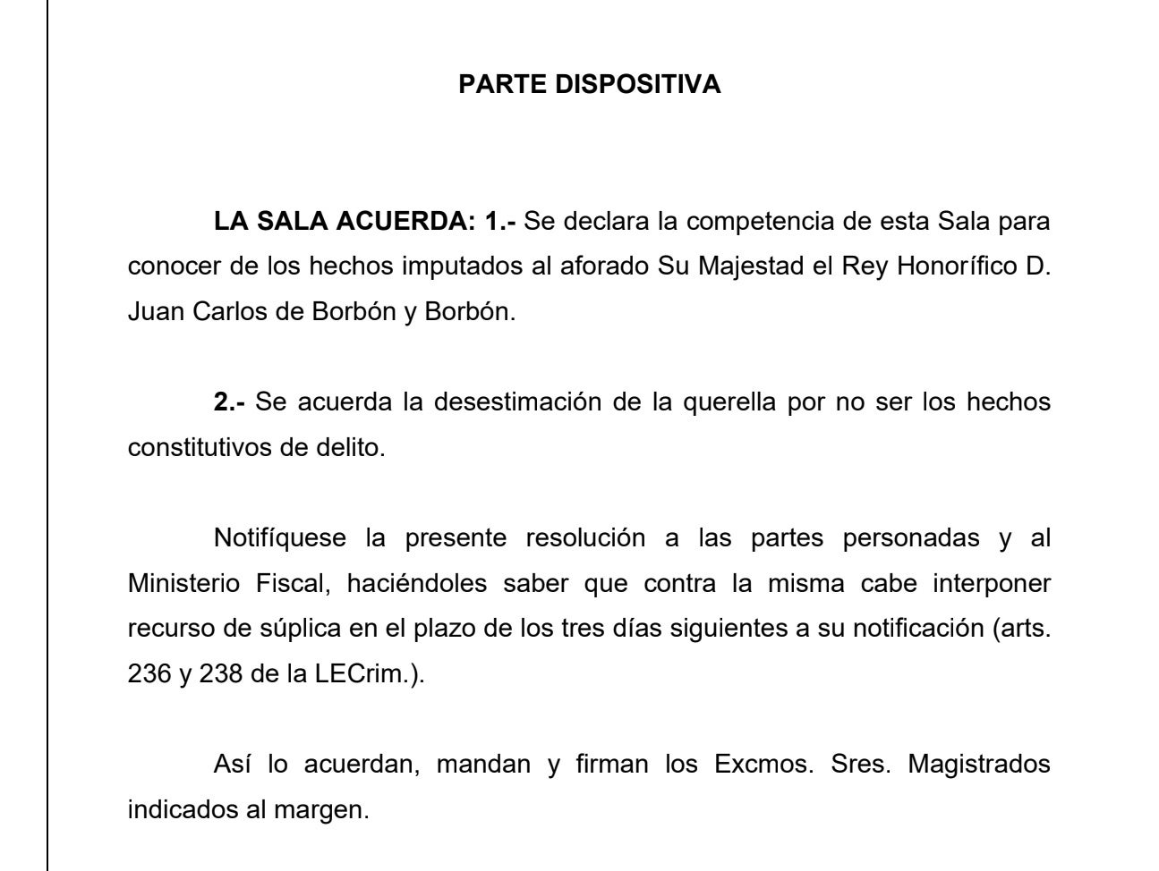 Part dispositiva de la resolució del Suprem que arxiva la querella contra l'emèrit