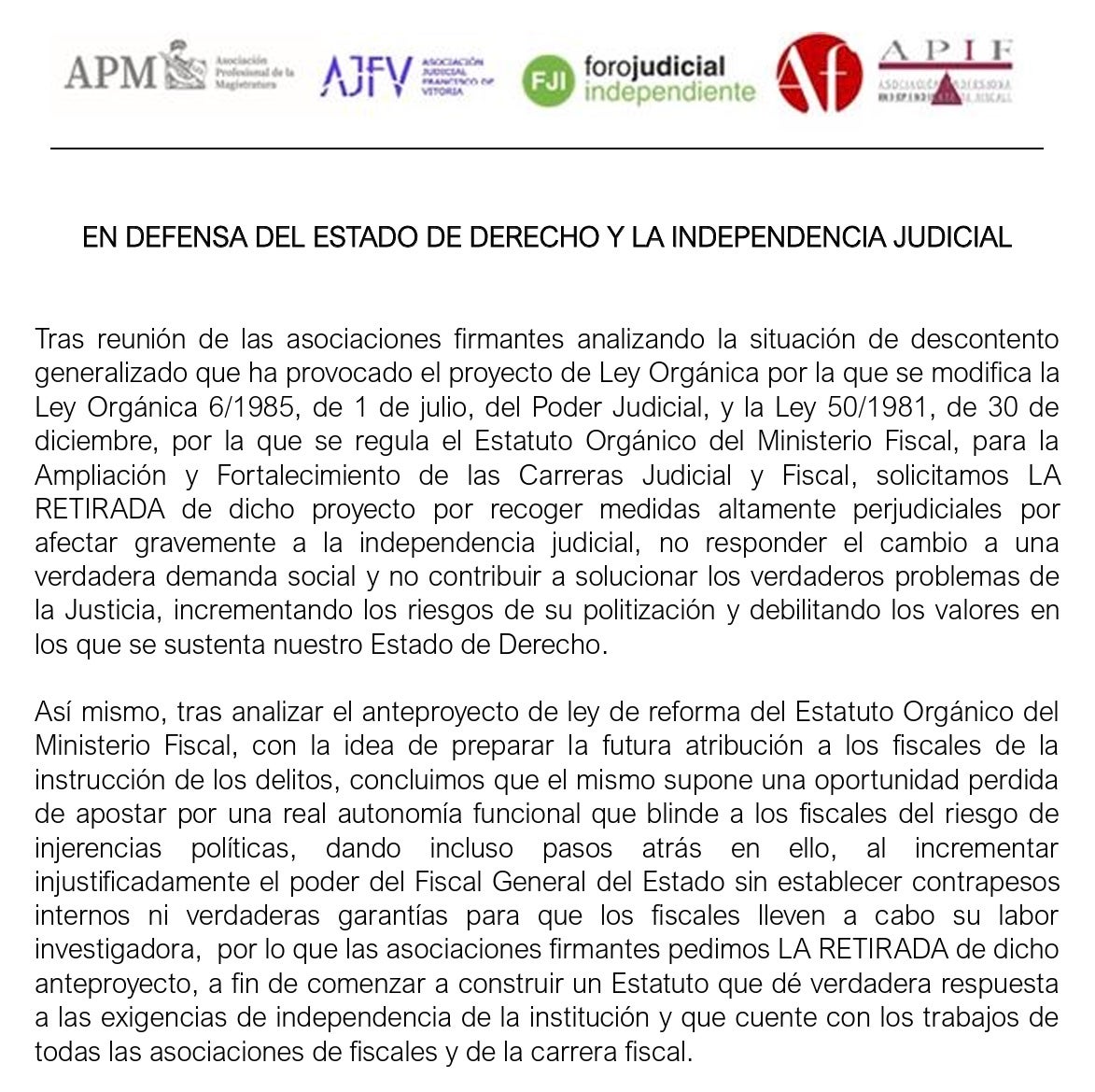 Comunicat de les associacions de fiscals i jutges de dretes contra la reforma de Bolaño