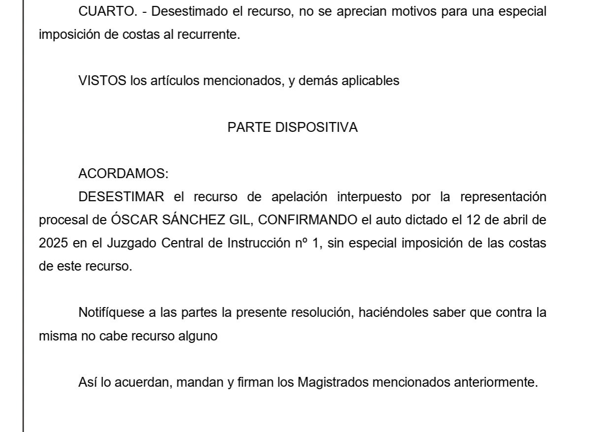 Part dispositiva de l'Audiència Nacional on acorda la continuïtat de la presó per l'Anodino de la UDEF