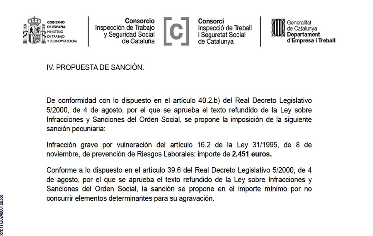 Parte de la sanción de la Inspección de Trabajo a empresas concertadas por la DGAIA/QS