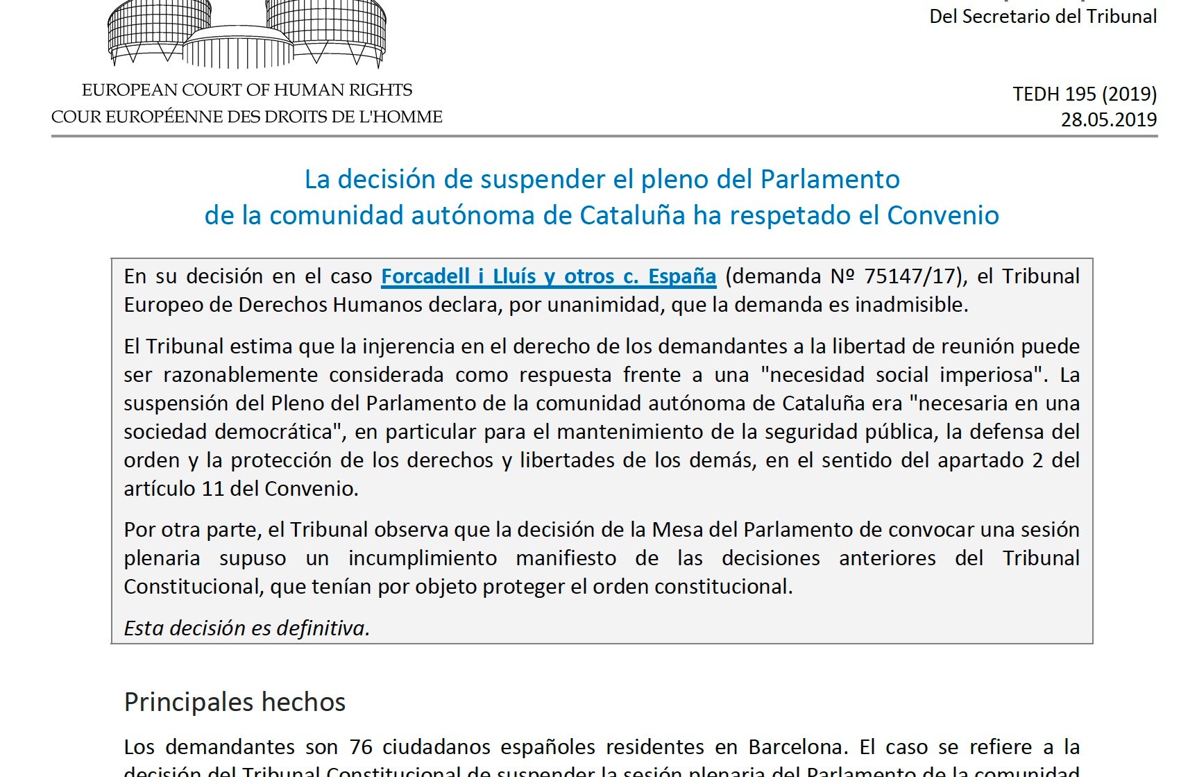Part de la resolució que desestima la demanda per la suspensió del ple del 9 d'octubre