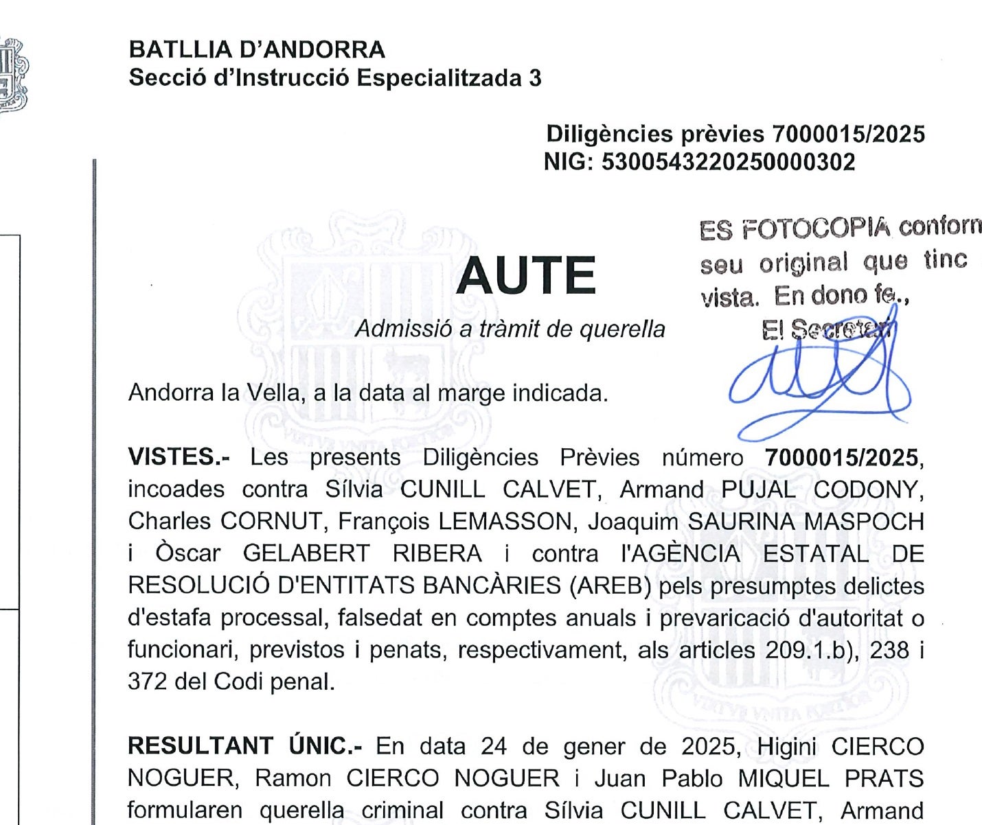 Interlocutòria d'admissió a tràmit de la querella presentada contra l'AREB/QS