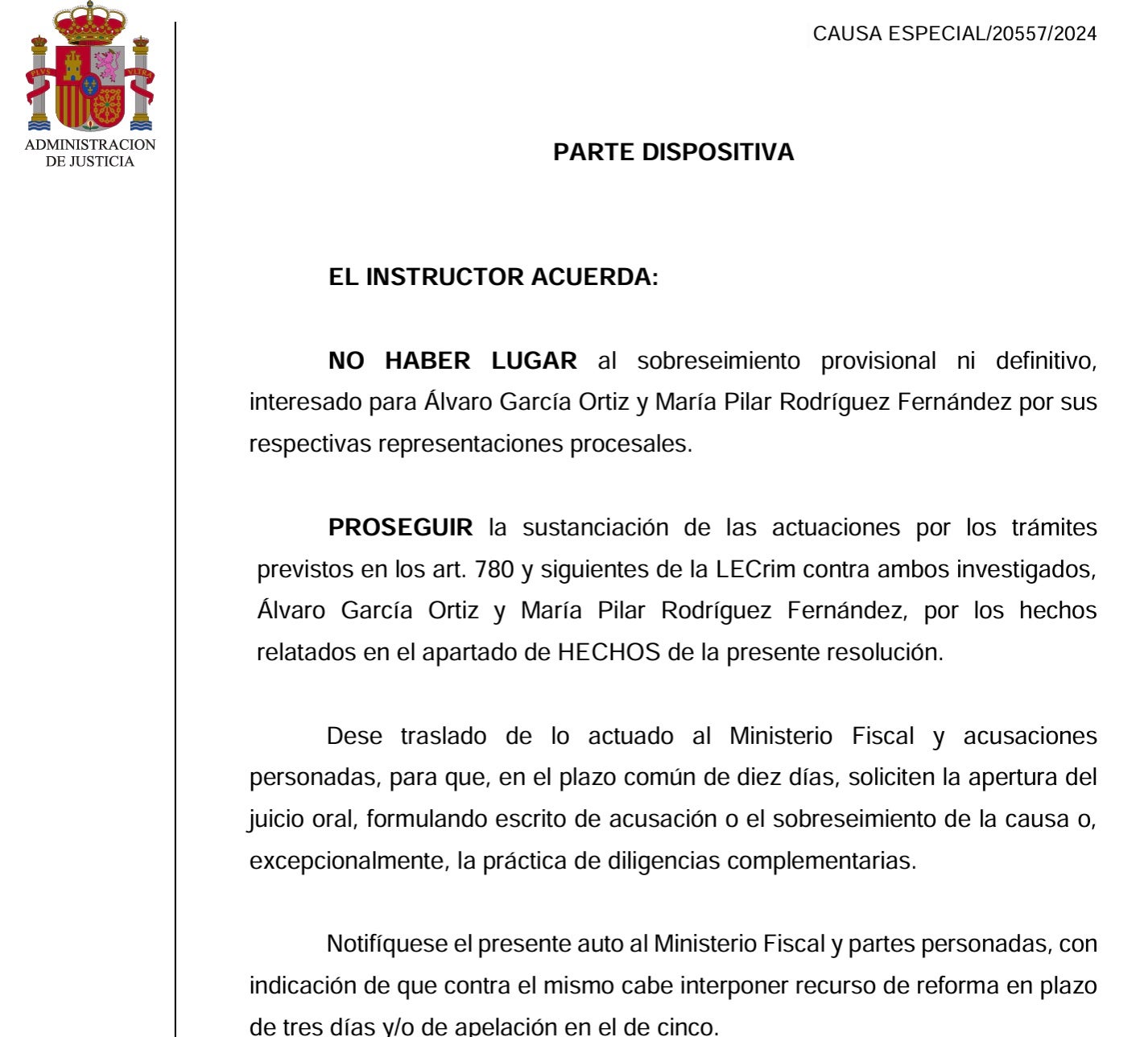 Parte del auto del juez que envía a juicio al fiscal general/QS