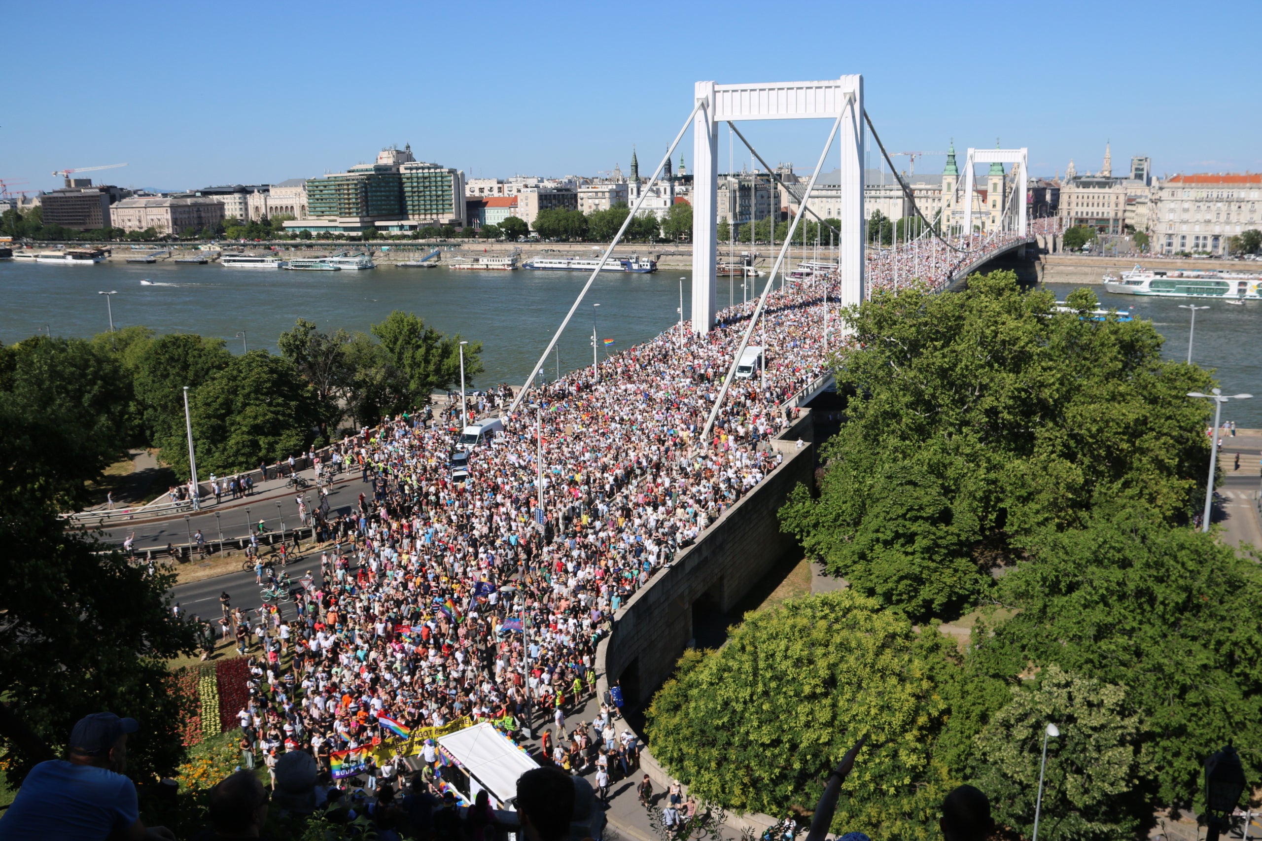 Manifestants omplen el pont d'Erzsébet durant la protesta de l'Orgull LGTBIQ+ a Budapest. | Natàlia Segura (ACN)