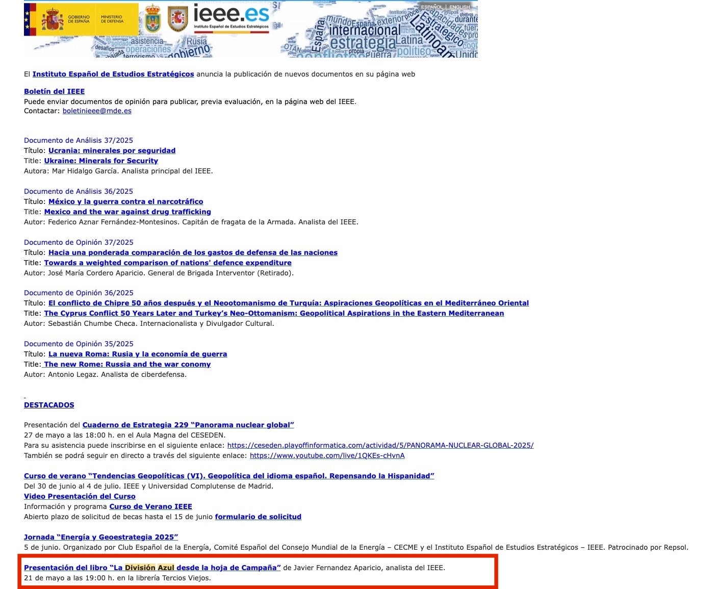El butlletí de l'IEEE que anuncia la presentació del llibre sobre la División Azul