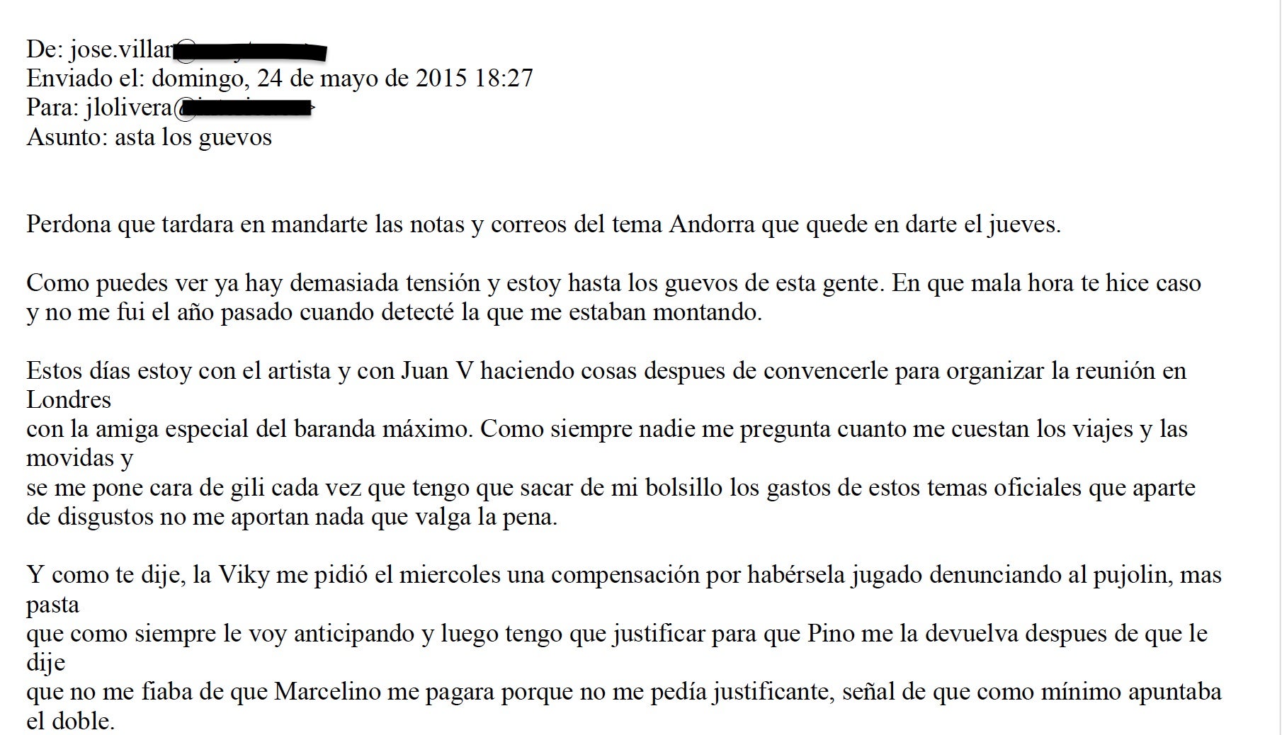 Parte del correo que Villarejo habría enviado a Olivera en mayo de 2015/QS