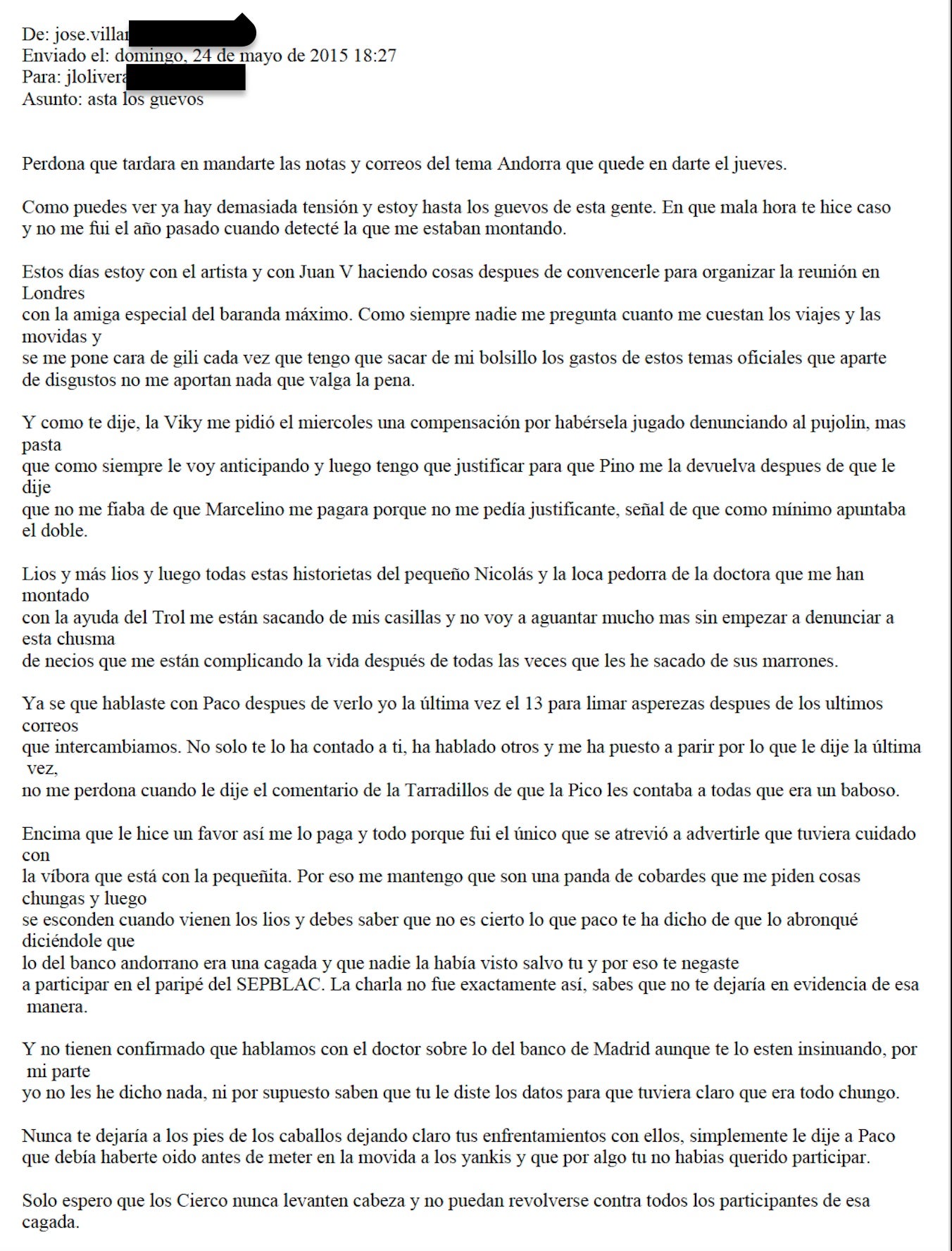 Correo de Olivera a Villarejo con el que explican detalles de la operación Cataluña/QS