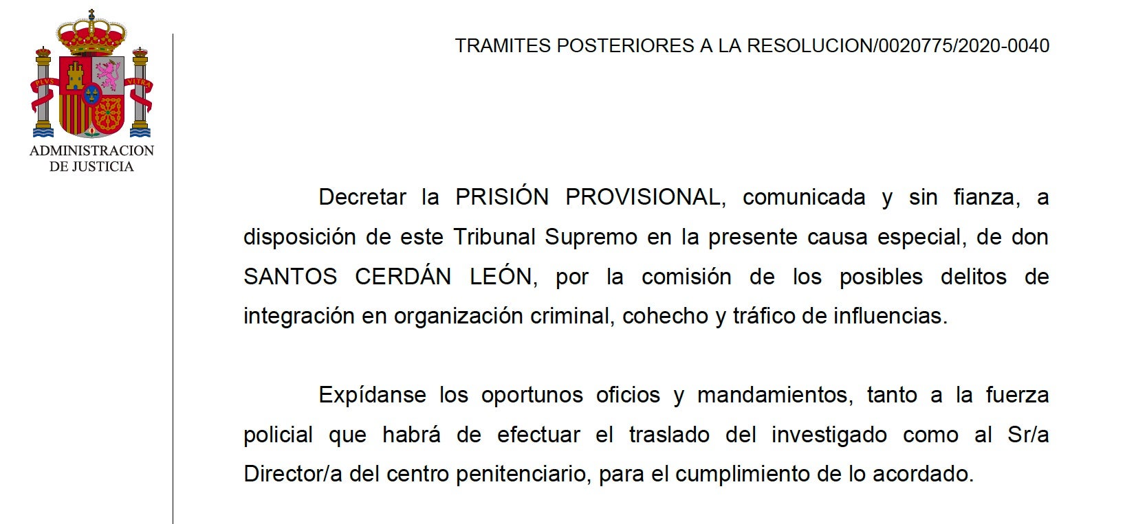Parte dispositiva del auto que encarcela a Cerdán