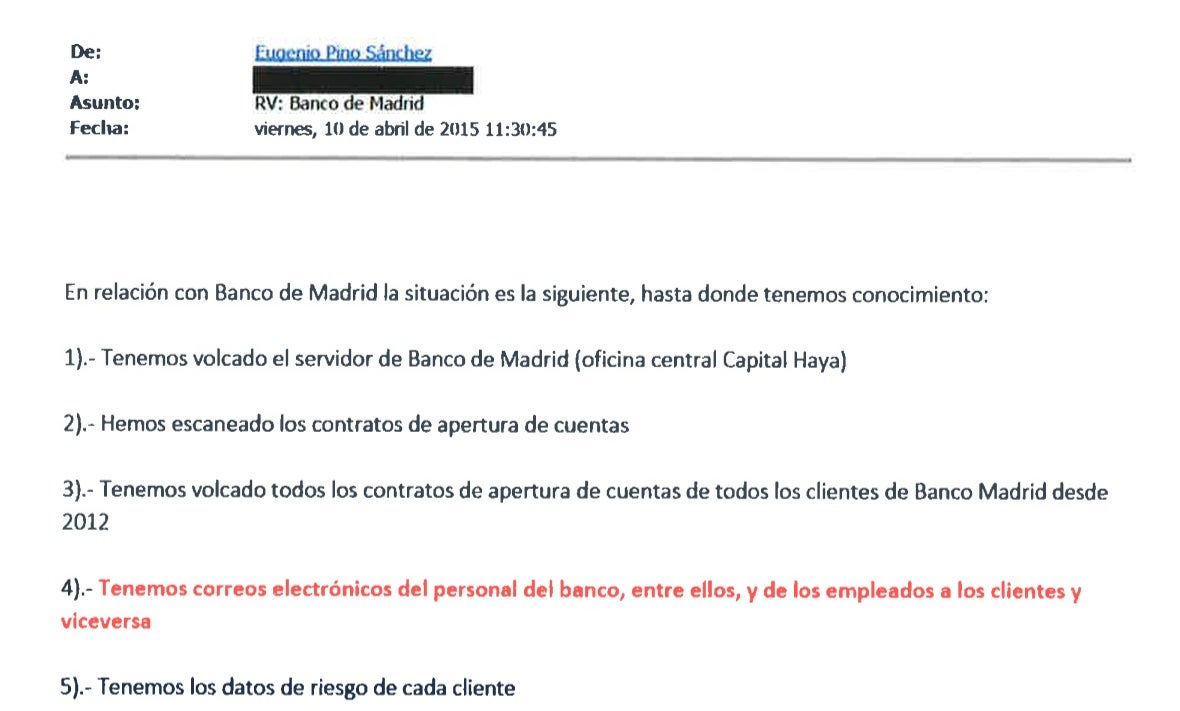 Part del mail que va rebre Pino de Vázquez sobre la intervenció de Banco Madrid/QS