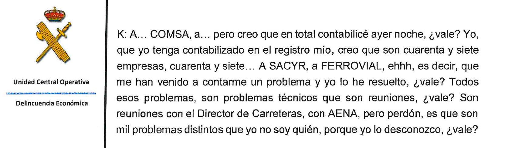 Parte de una de las transcripciones de los audios donde hablan del listado de empresas que piden cosas a Koldo