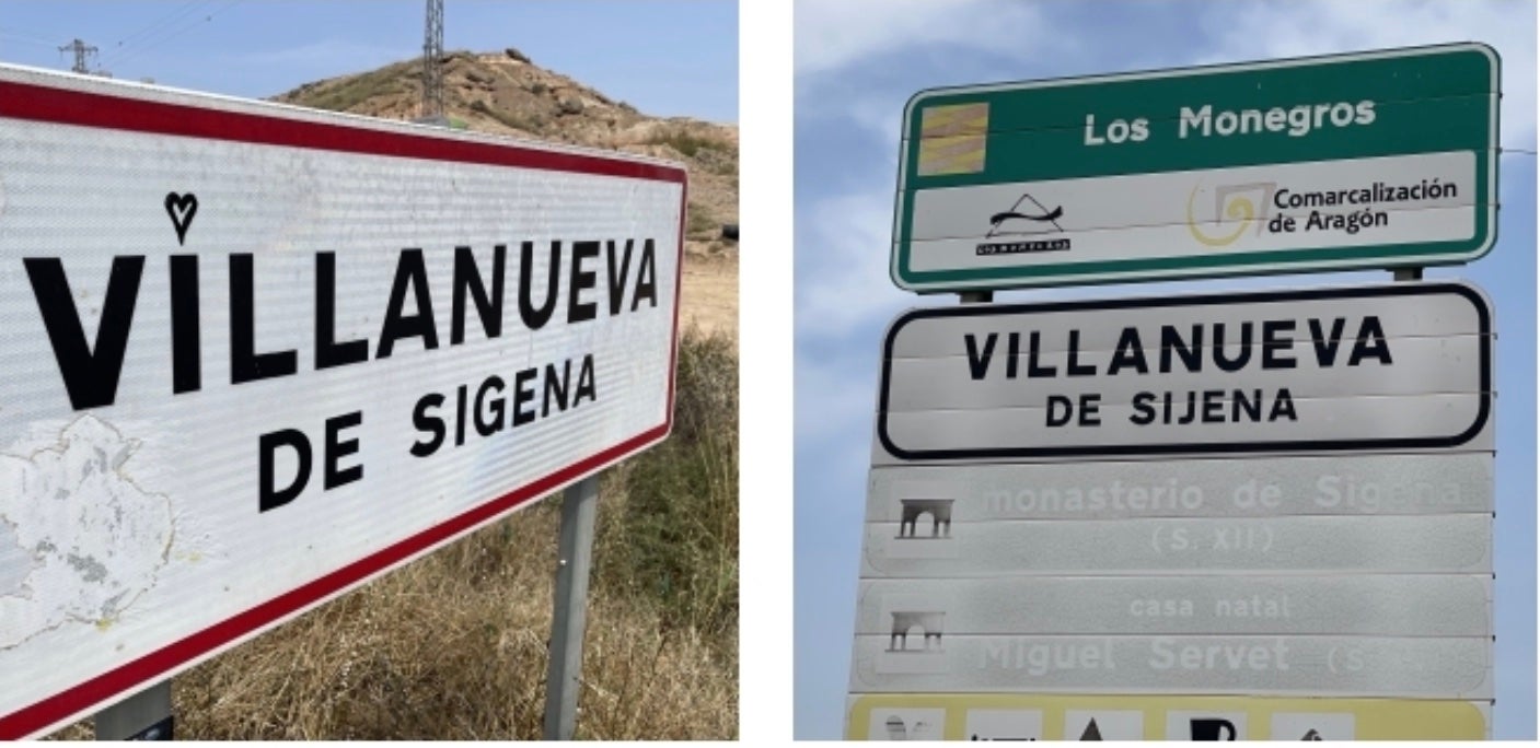 Dos rètols a l'entrada de Sixena, en les dues versions/Quico Sallés