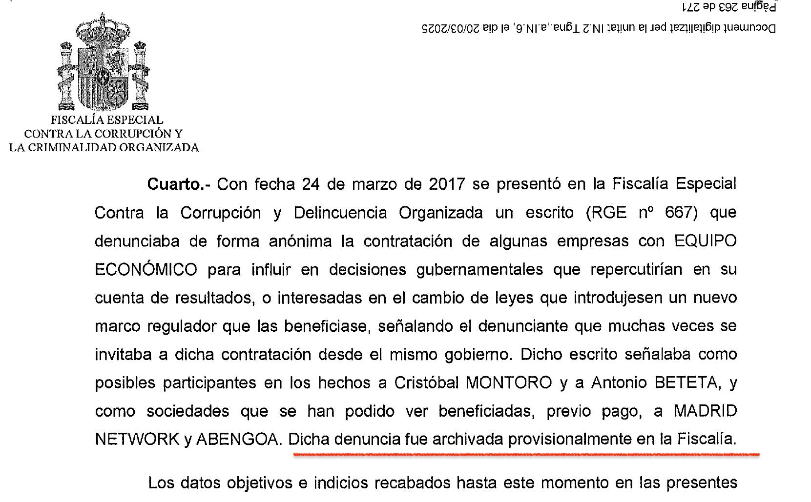 L'escrit de la fiscalia anticorrupció on admet que va arxivar la denúncia anònima que delatava les activitats de Montoro l'any 2017/QS