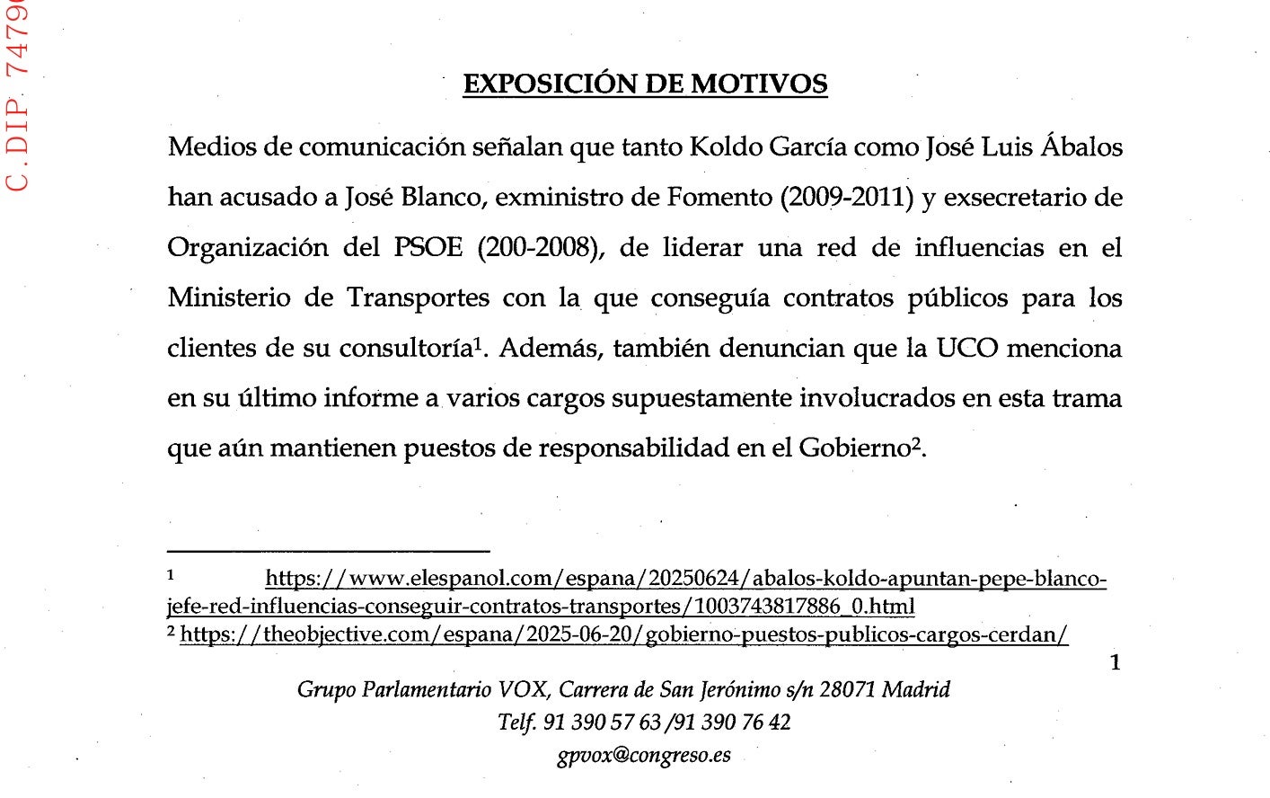 Parte de las preguntas de Vox al Congreso sobre la relación de Blanco con Fomento/QS