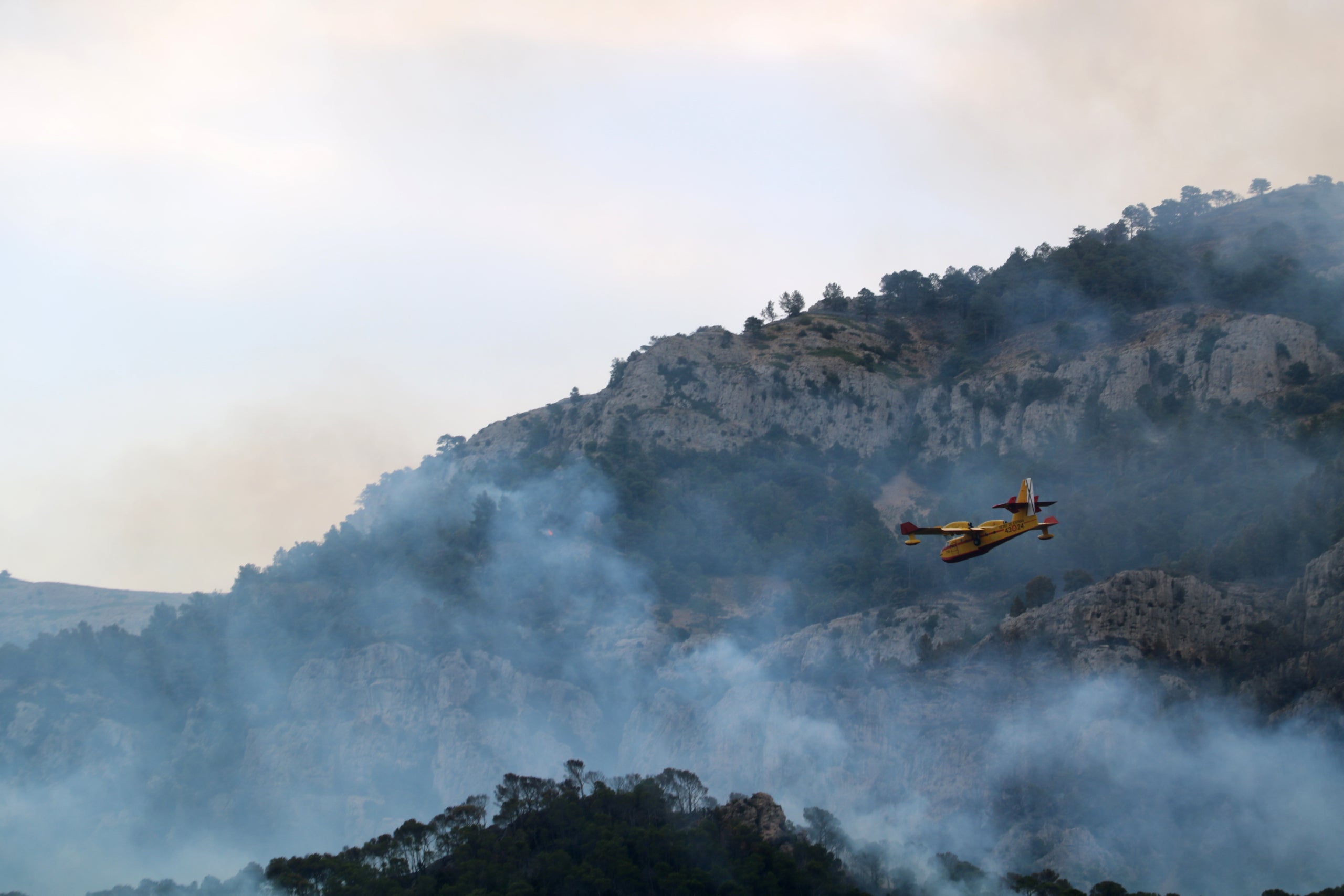 Un hidroavió sobrevola la zona cremada del racó de l’Augueró a Paüls (Baix Ebre) / ACN