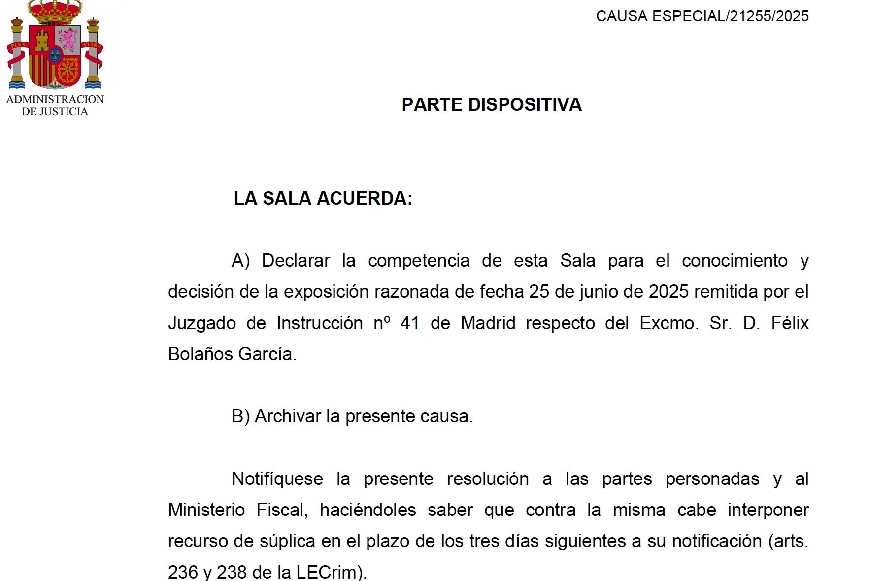 Part dispositiva de la interlocutòria d'arxiu a Bolaños/QS