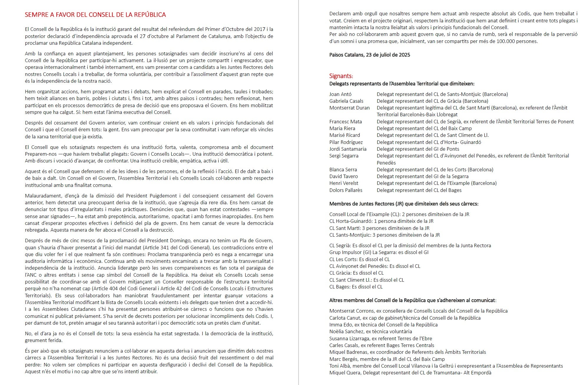Comunicat dels dimissionaris del Consell de la República/QS