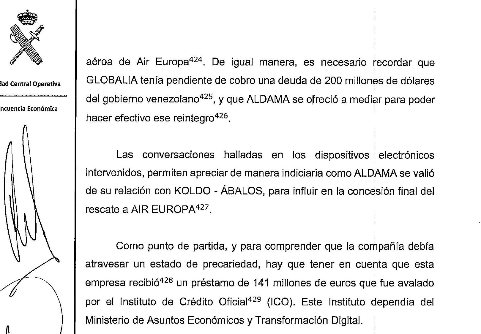 Parte de un informe de la UCO donde se detallaba lo que Aldama tramitaba a cuenta de Ábalos por Air Europa/QS