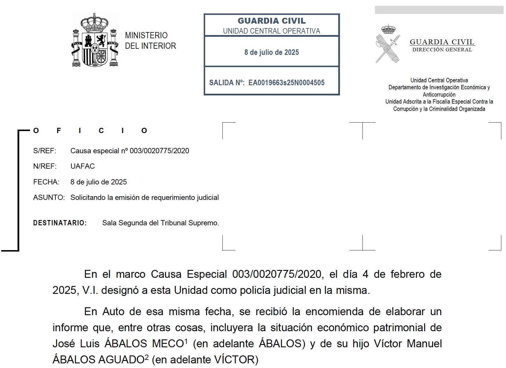 Capçalera de l'informe de l'UCO sobre els ingressos Ábalos/QS