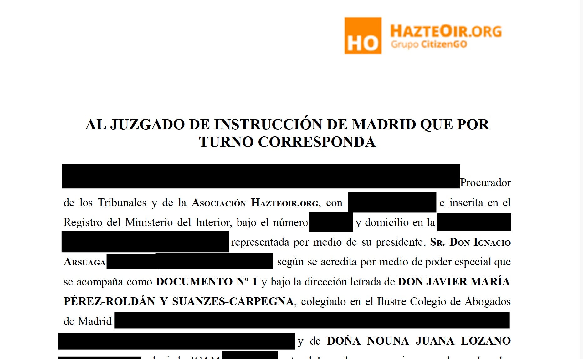 Capçalera de la querella d'Hazte Oir/QS