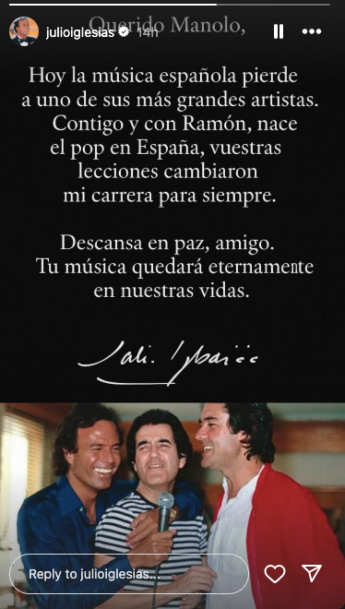 El missatge de comiat de Julio Iglesias per a Manolo de la Calva, membre del Dúo Dinámico | Instagram