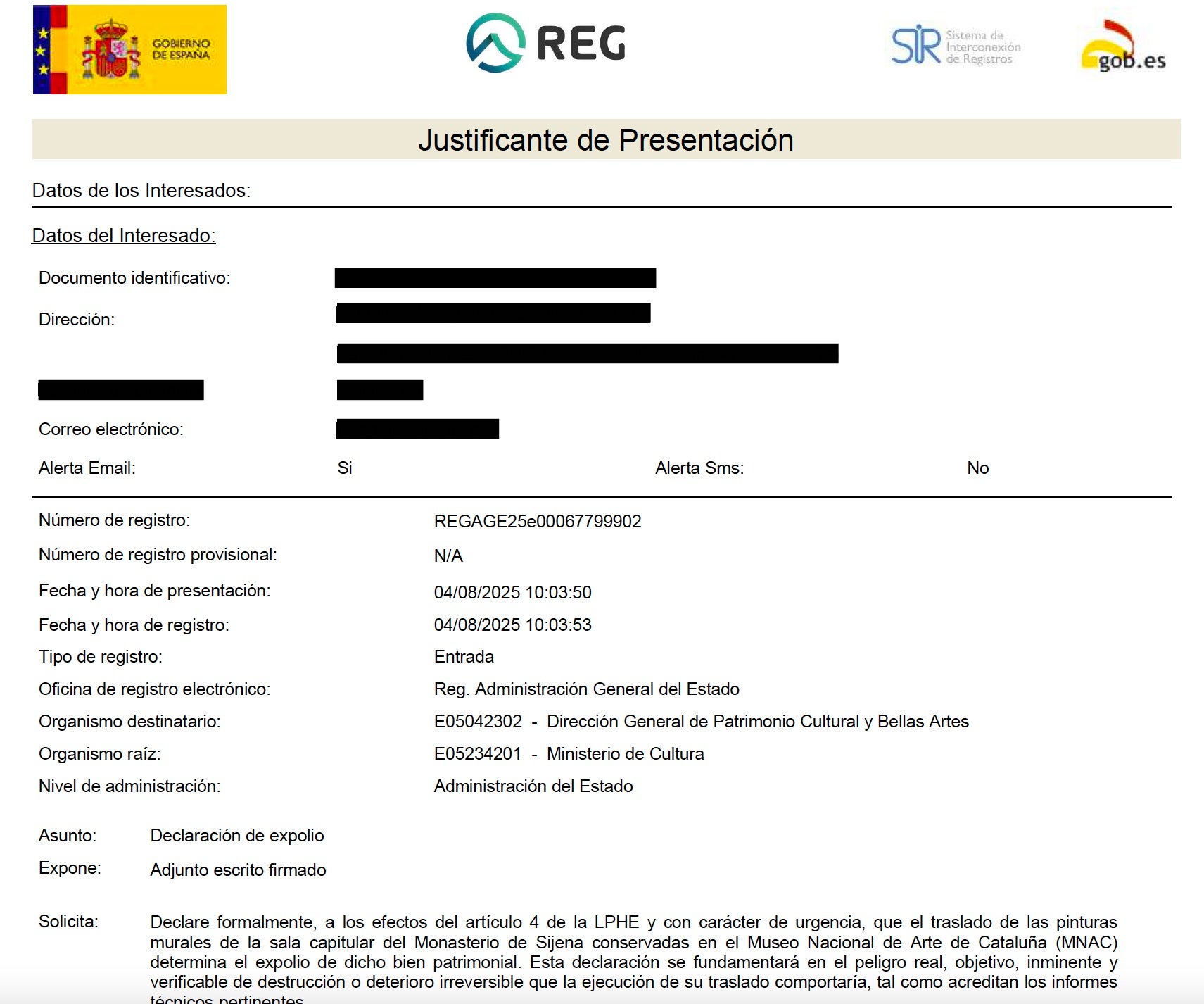 Cabecera de la petición al ministerio de procedimiento administrativo de urgencia para detener el traslado/QS