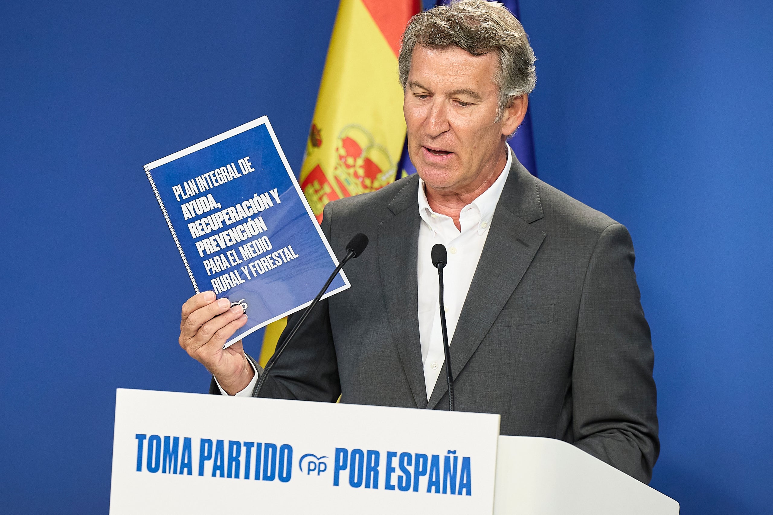 El president del PP, Alberto Núñez Feijóo, durant una roda de premsa posterior a la reunió del Comitè de Direcció del PP per anunciar el paquet de mesures contra els incendis / Jesús Hellín (Europa Press)