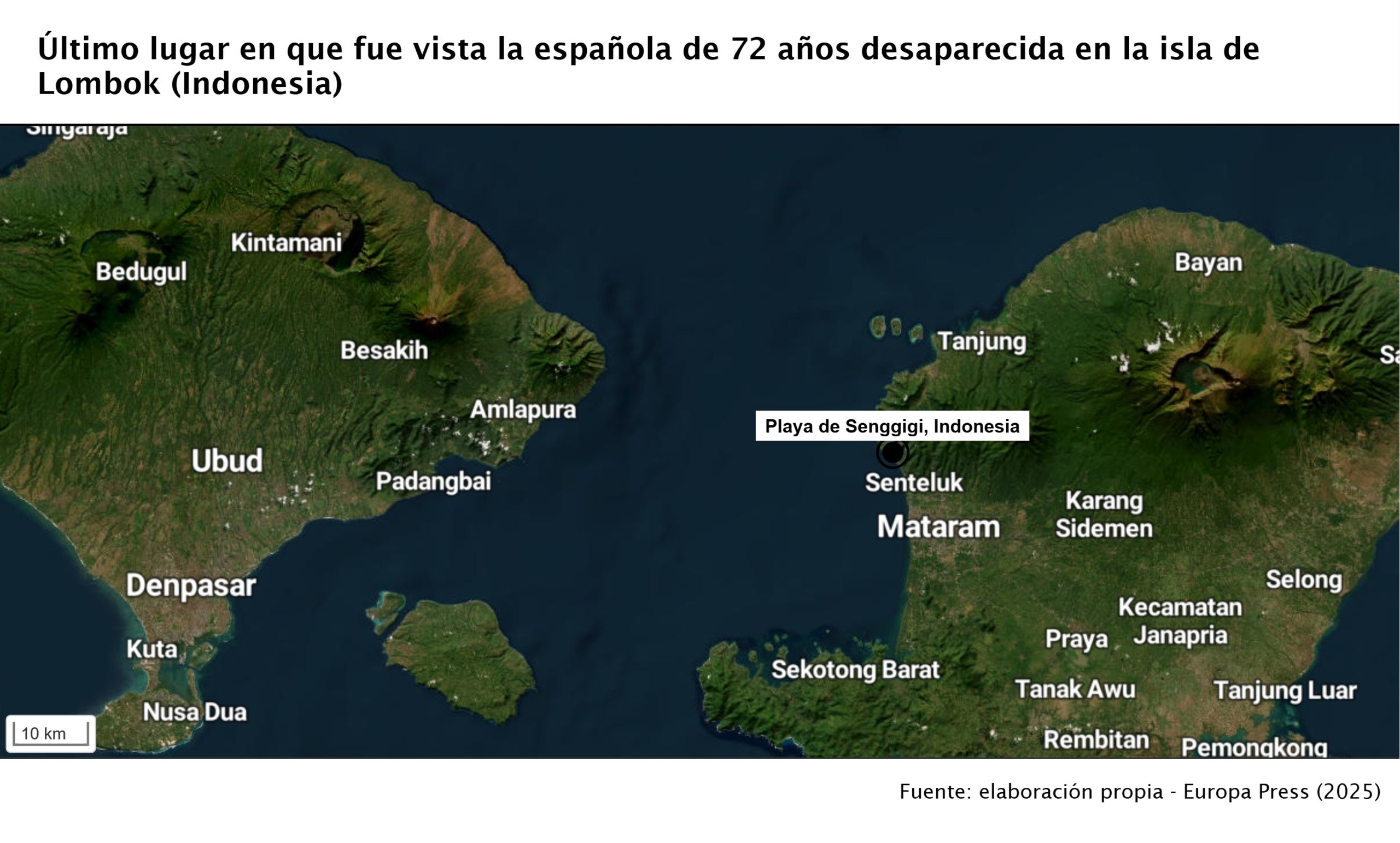 Mapa de l'últim lloc en què va ser vista l'espanyola de 72 anys desapareguda a l'illa de Lombok (Indonèsia)