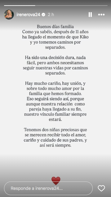 Primer comunicat d'Irene Rosales després del divorci - Instagram