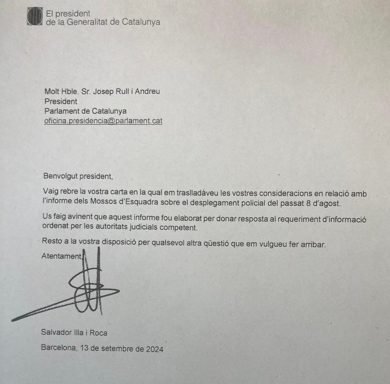 La carta que el president Illa va remetre al president Rull sobre l'atestat d'informació dels Mossos/QS