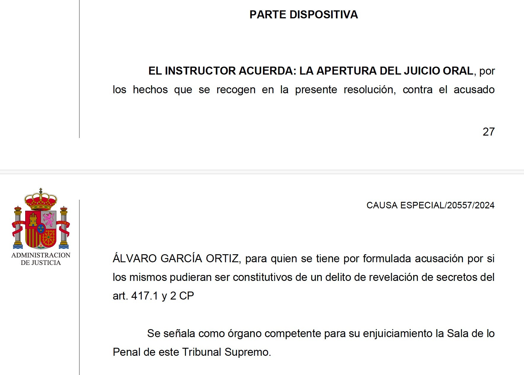 Part dispositiva de la interlocutòria que processa el Fiscal General de l'Estat per revelació de secrets/QS